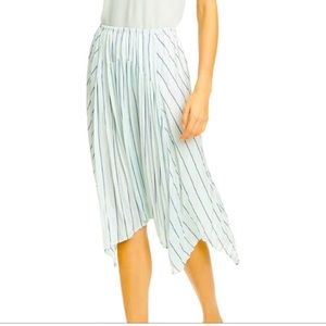 VINCE Skirt Silky Stripe Crushed Panel Mint Green Blue Stripe Midi Asymmetrical